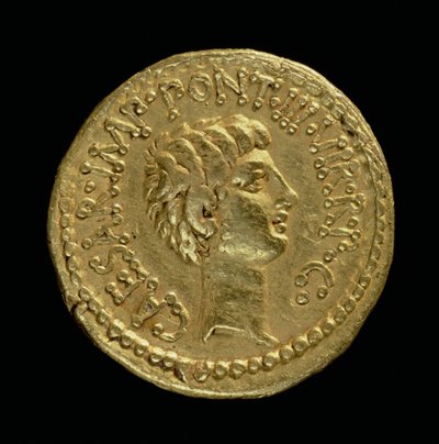 Aureu (reverse) minted by Marcus Antonius with the head of Octavian (63 BC-14 AD) Inscription: CAESAR IMP PONT III VIR R P C by Roman